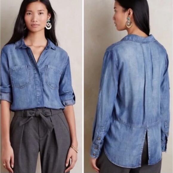 Cloth & Stone Split Back Chambray Button Down Shirt Women Medium Roll Tab Sleeve - Picture 1 of 9